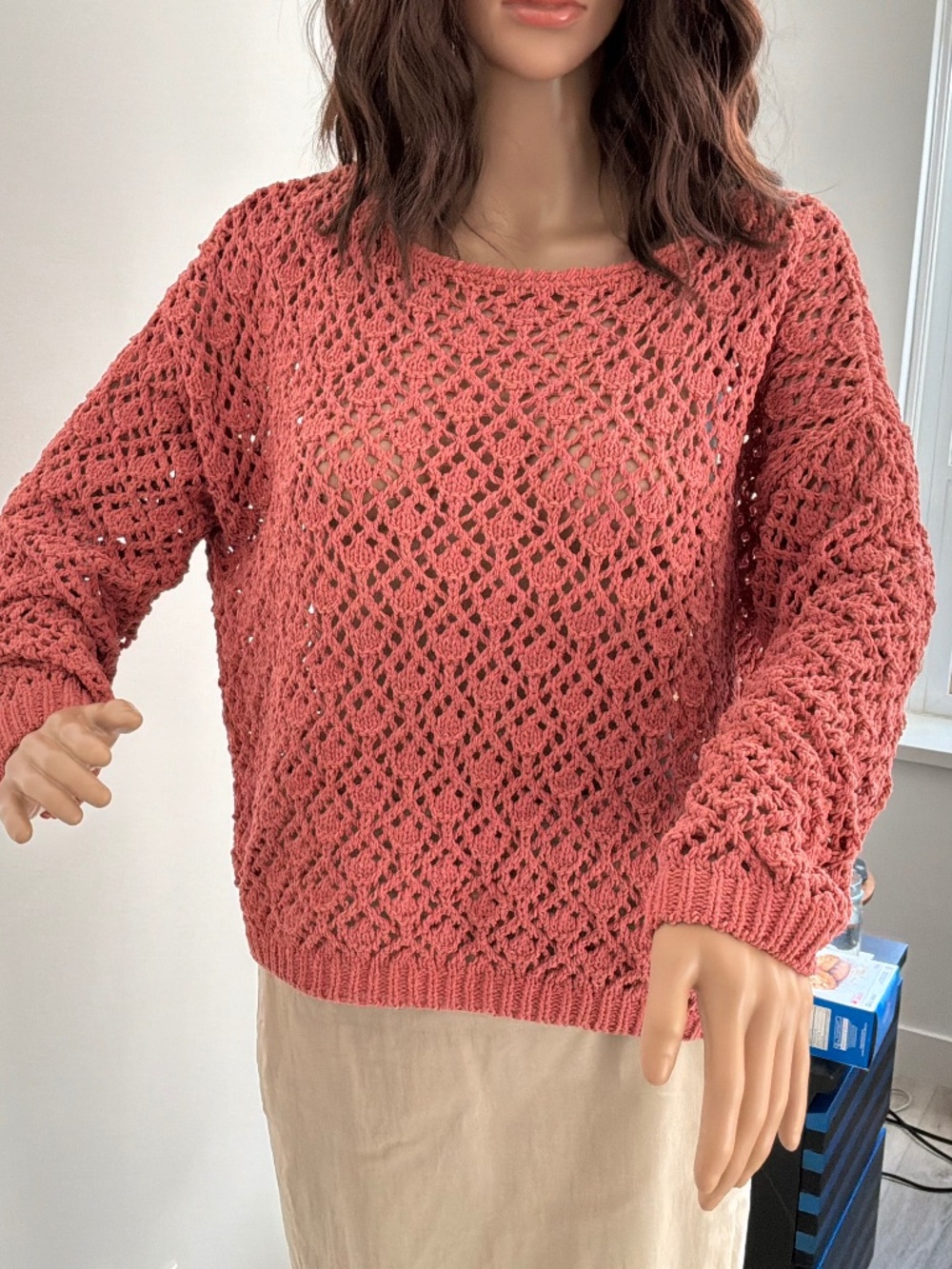 Moon & Madison Crochet Knit Diamond Sweater Dusty Coral Pink Shade Size M